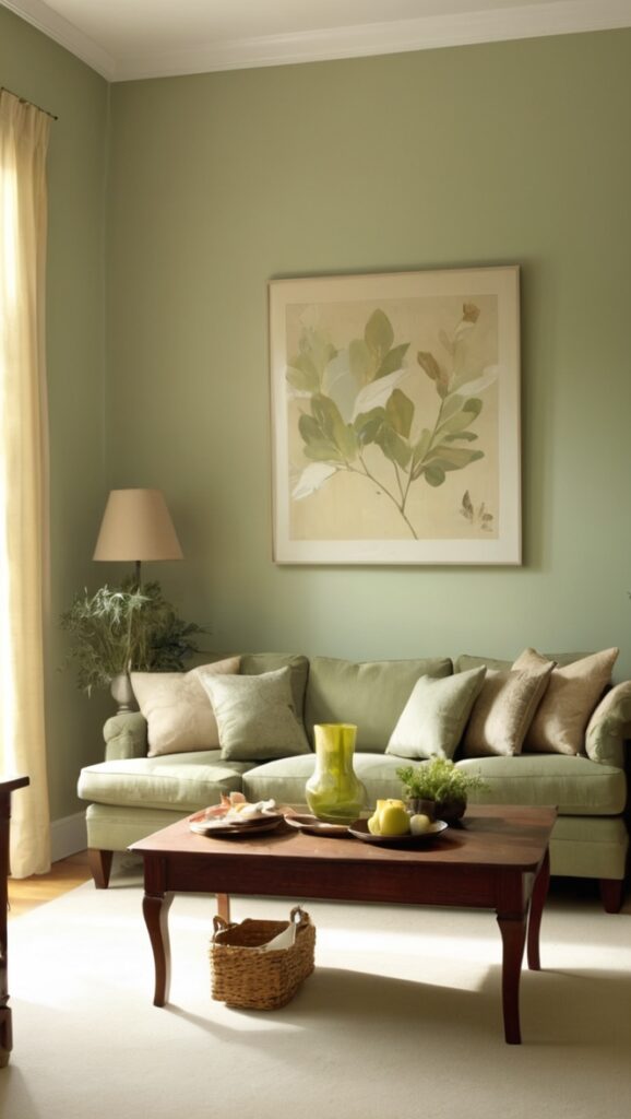 sage green sofa, cream curtains, stylish decor, neutral color palette, cozy ambiance