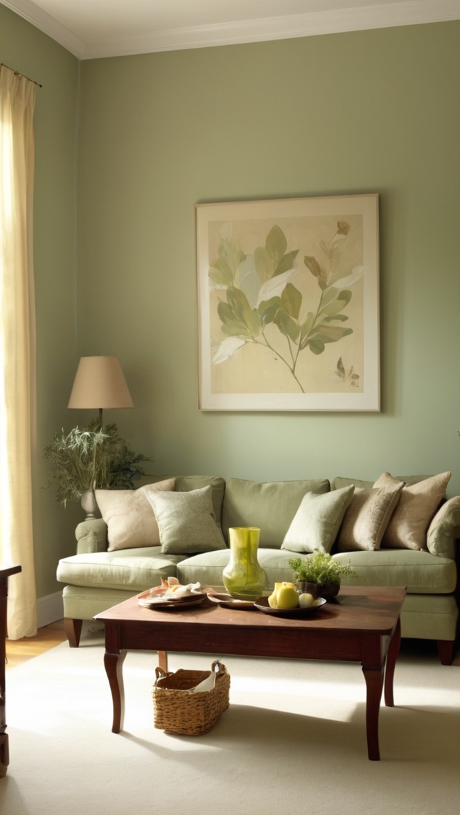 sage green sofa, cream curtains, stylish decor, neutral color palette, cozy ambiance 