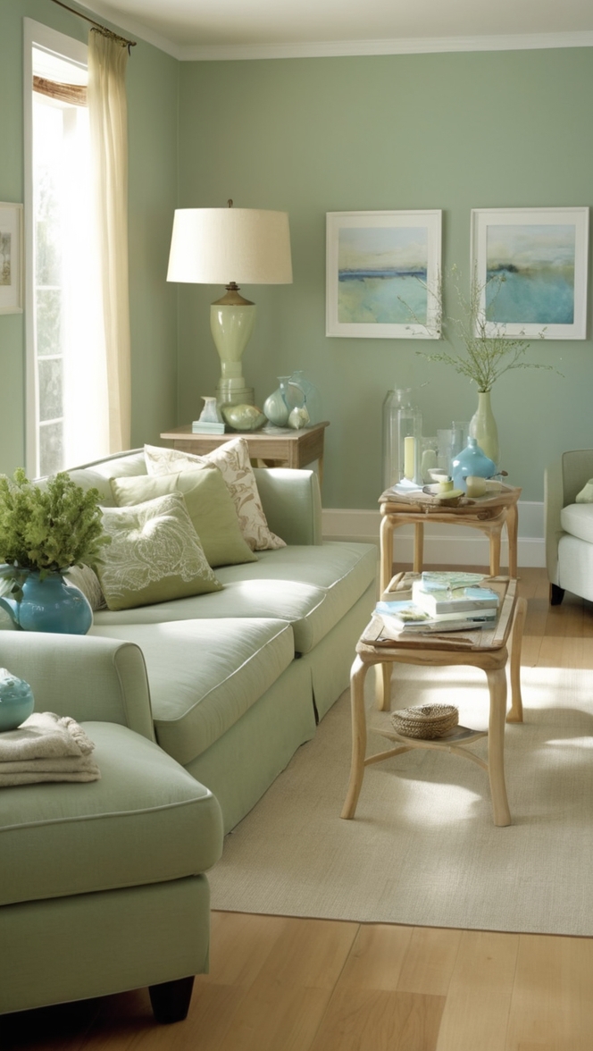 green living room decor, blue and green room, sage green decor, teal and sage living room, calming green living room 