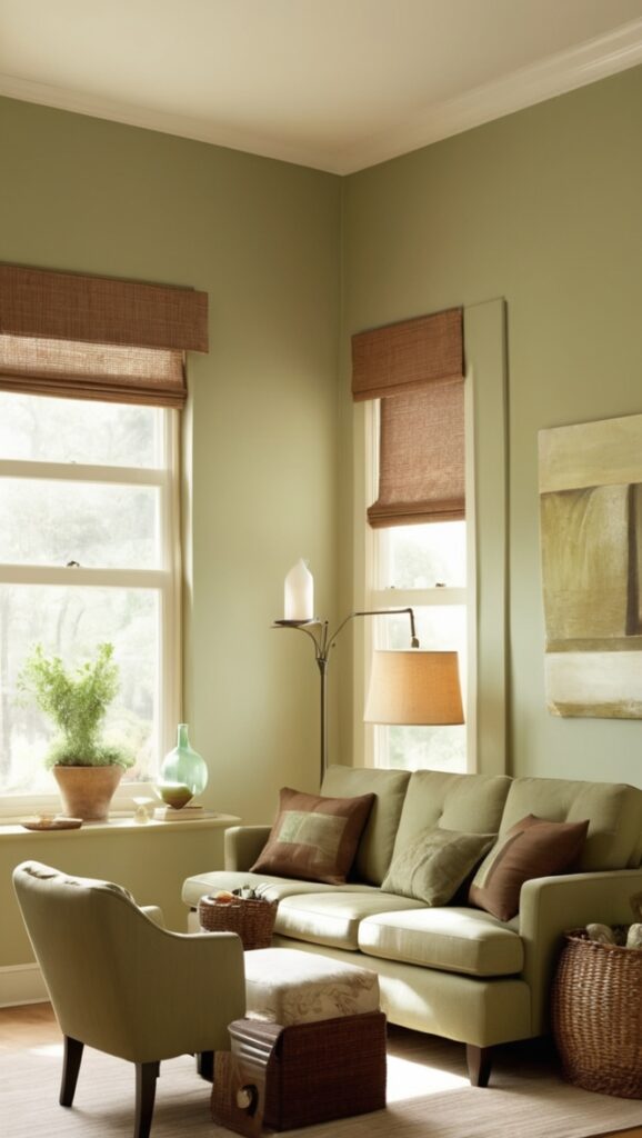 sage green decor, brown living room furniture, elegant green and brown decor, cozy sage green room, luxury brown and green design