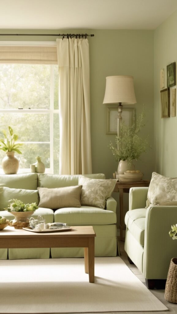 sage green decor, cream color palette, elegant living room design, stylish home decor, sophisticated interior design