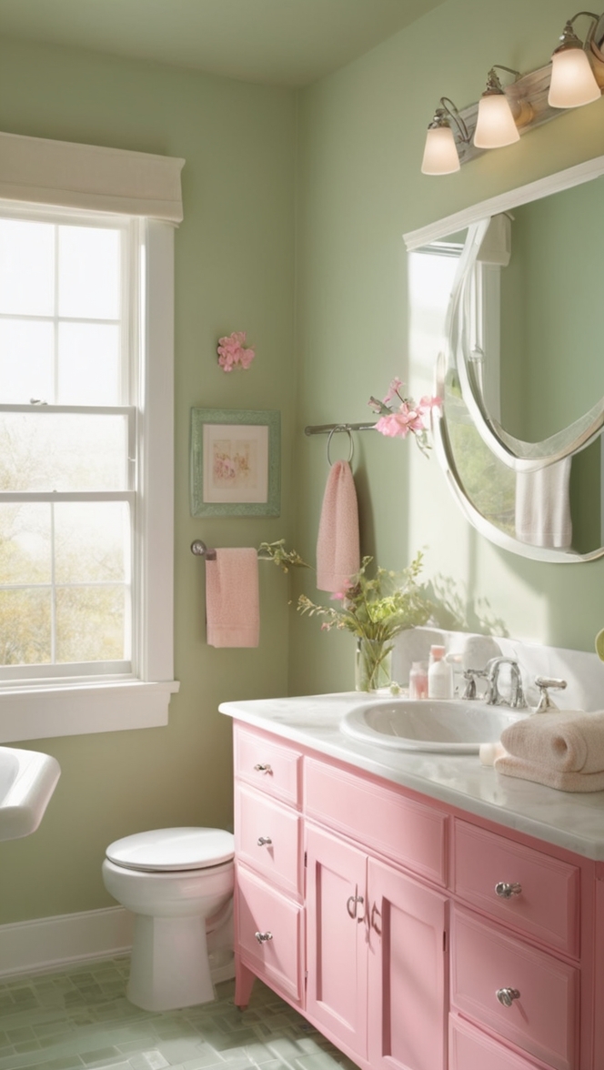 sage green bathroom decor, pink bathroom accessories, pastel bathroom ideas, modern bathroom design, luxury bathroom fixtures