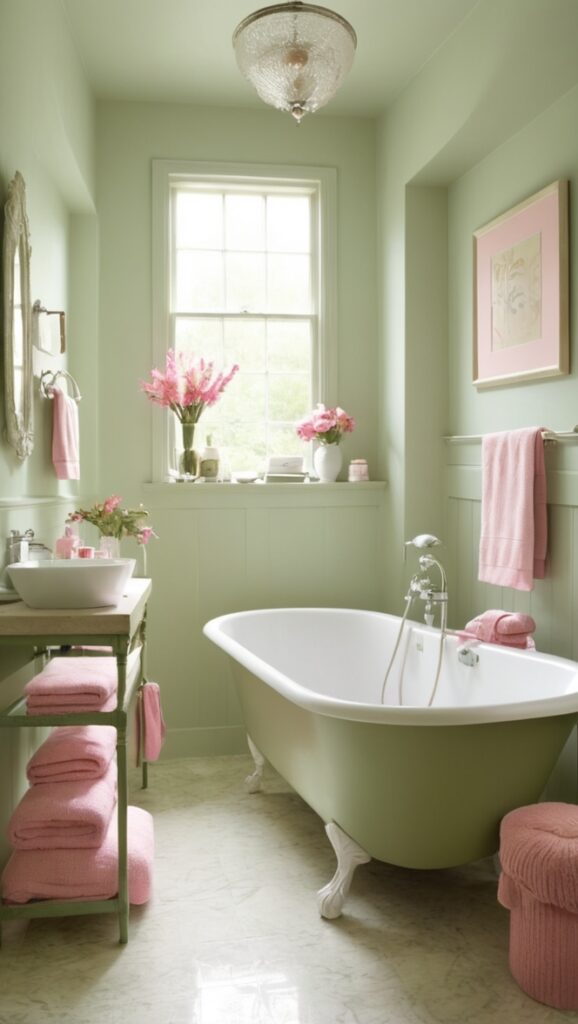 sage green bathroom decor, pink bathroom accessories, pastel bathroom ideas, modern bathroom design, luxury bathroom fixtures