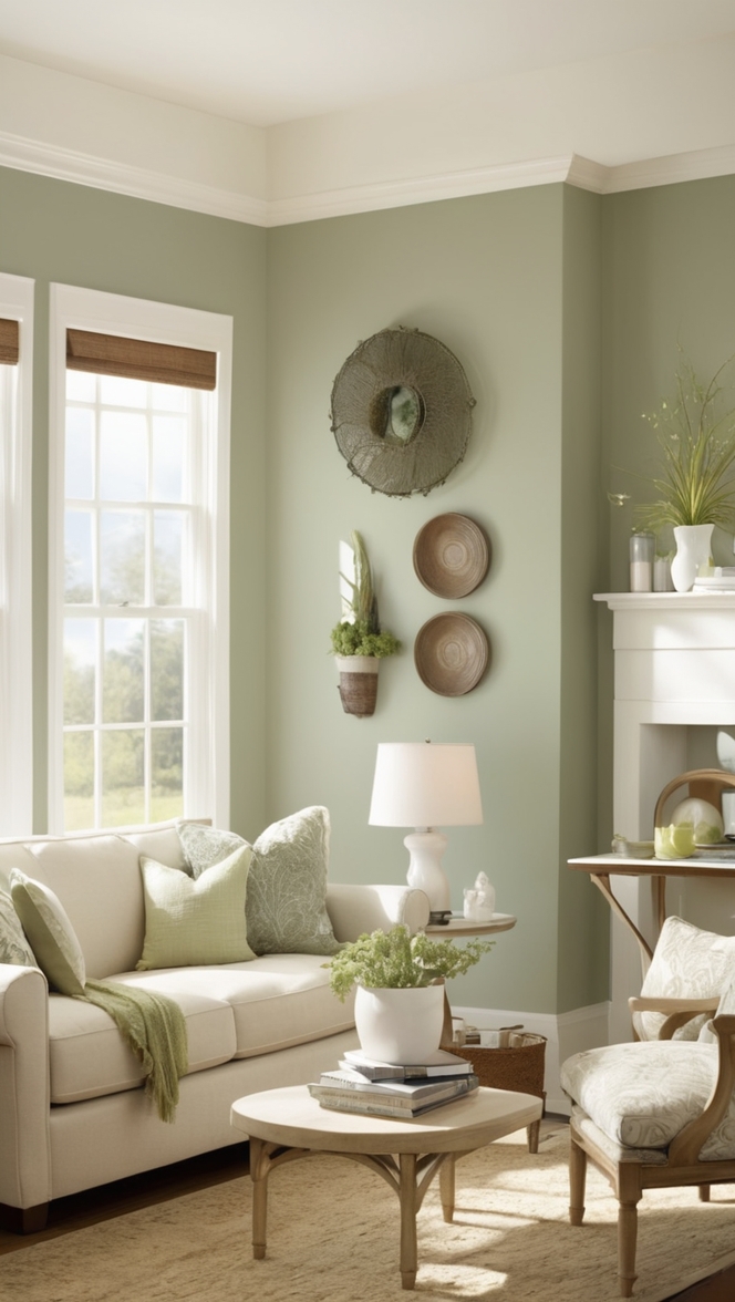 sage green walls, white living room furniture, modern sage green decor, neutral color palette, elegant home decor