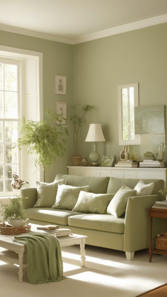 sage green walls, white living room furniture, modern sage green decor, neutral color palette, elegant home decor