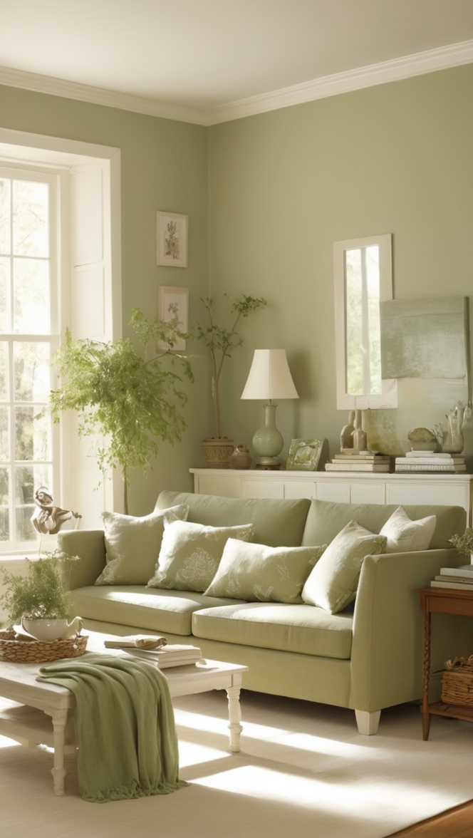 sage green walls, white living room furniture, modern sage green decor, neutral color palette, elegant home decor 