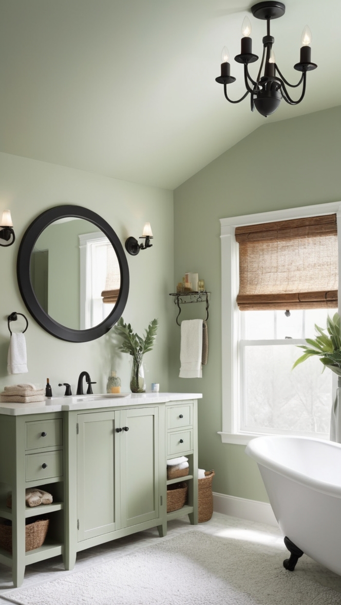 sage green bathroom ideas, black bathroom fixtures, modern green bathroom, sage green decor, dark bathroom accents
