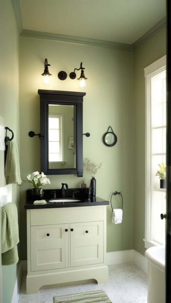 sage green bathroom ideas, black bathroom fixtures, modern green bathroom, sage green decor, dark bathroom accents