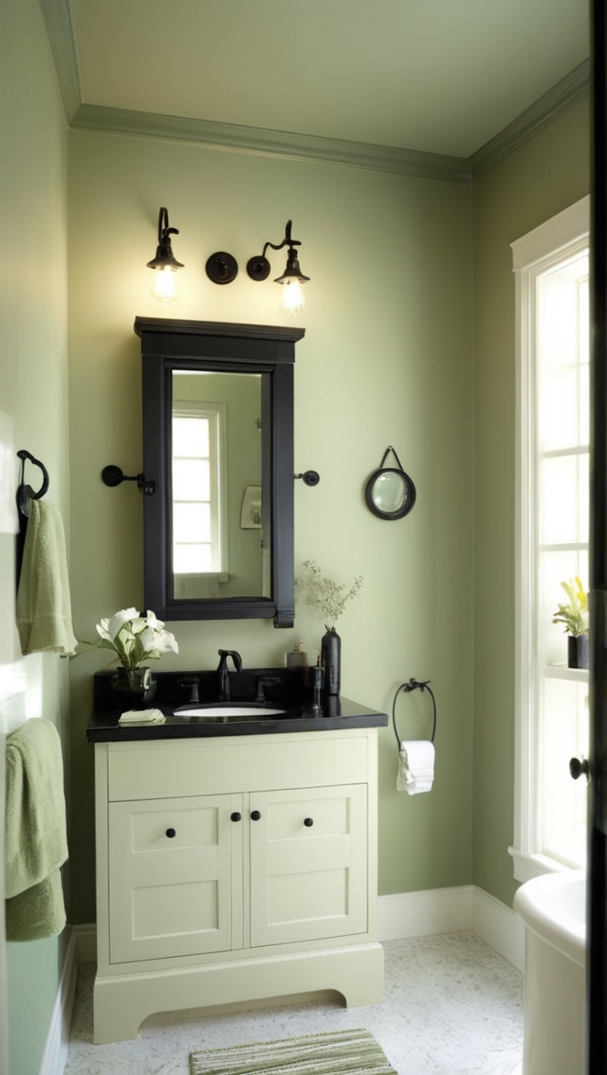 sage green bathroom ideas, black bathroom fixtures, modern green bathroom, sage green decor, dark bathroom accents 