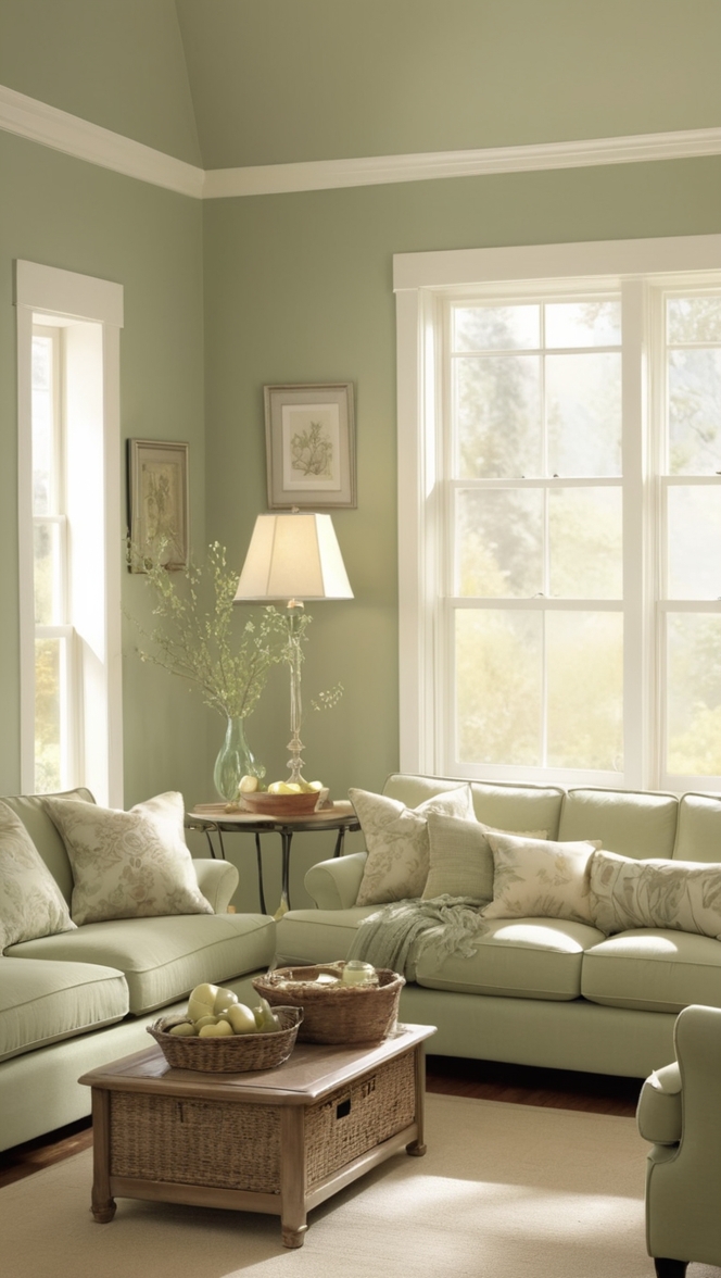 sage green sofa, sage green walls, modern cottage living room, cottage decor ideas, sage green furniture