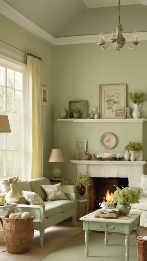 sage green sofa, sage green walls, modern cottage living room, cottage decor ideas, sage green furniture
