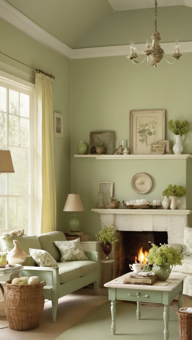 sage green sofa, sage green walls, modern cottage living room, cottage decor ideas, sage green furniture 