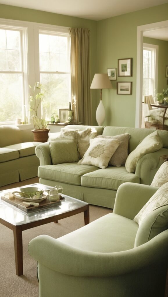 sage green sofa, living room decor, interior design, home furnishings, comfortable seating