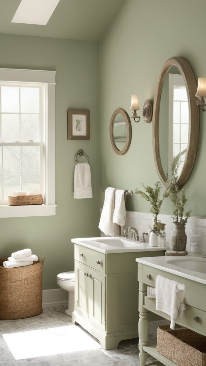 sage green vanity, sage green bathroom decor, farmhouse bathroom lighting, rustic bathroom vanity, vintage farmhouse sink