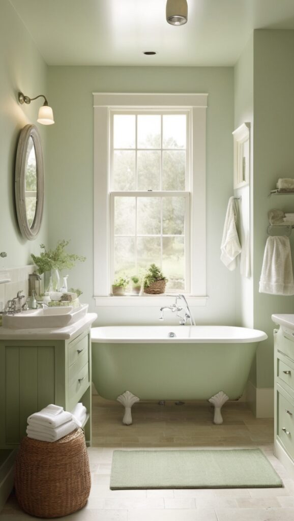 sage green vanity, sage green bathroom decor, farmhouse bathroom lighting, rustic bathroom vanity, vintage farmhouse sink