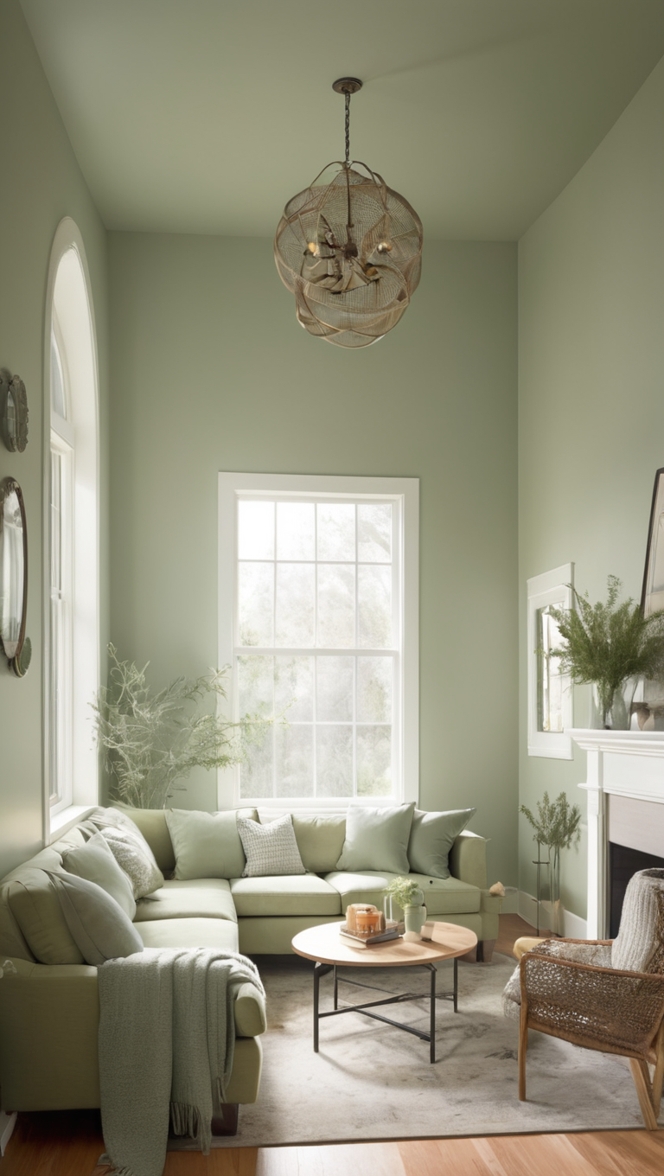 sage green paint, living room decor, interior design, home renovation, sage green curtains
