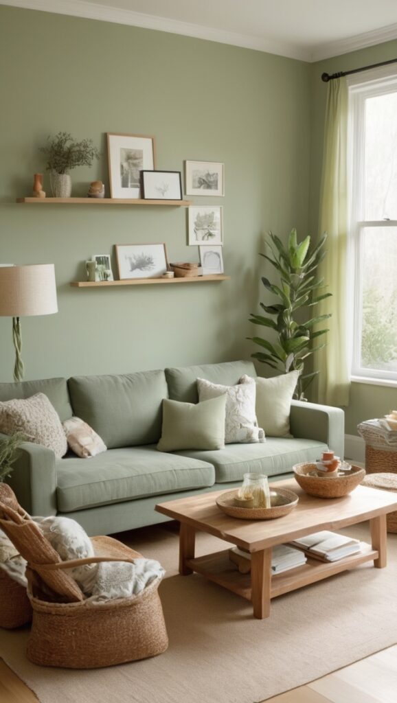 sage green paint, living room decor, interior design, home renovation, sage green curtains