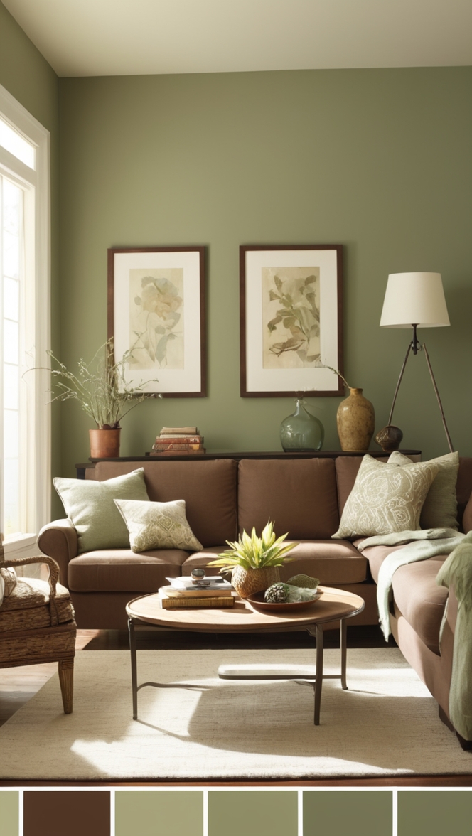 sage green sofa, brown sofa, green living room, sage living room, green couch