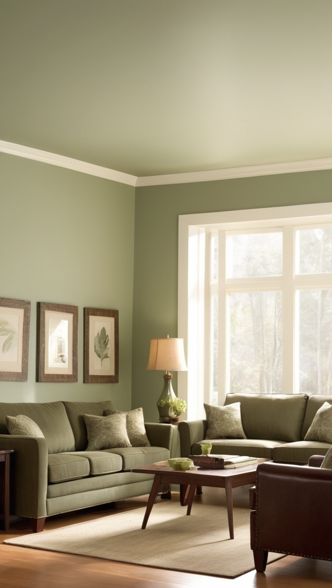 sage green living room decor, brown sofa design, interior design home, cozy living room ideas, modern home decor