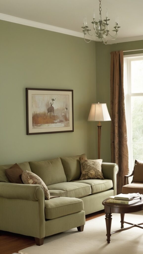sage green sofa, brown sofa, green living room, sage living room, green couch