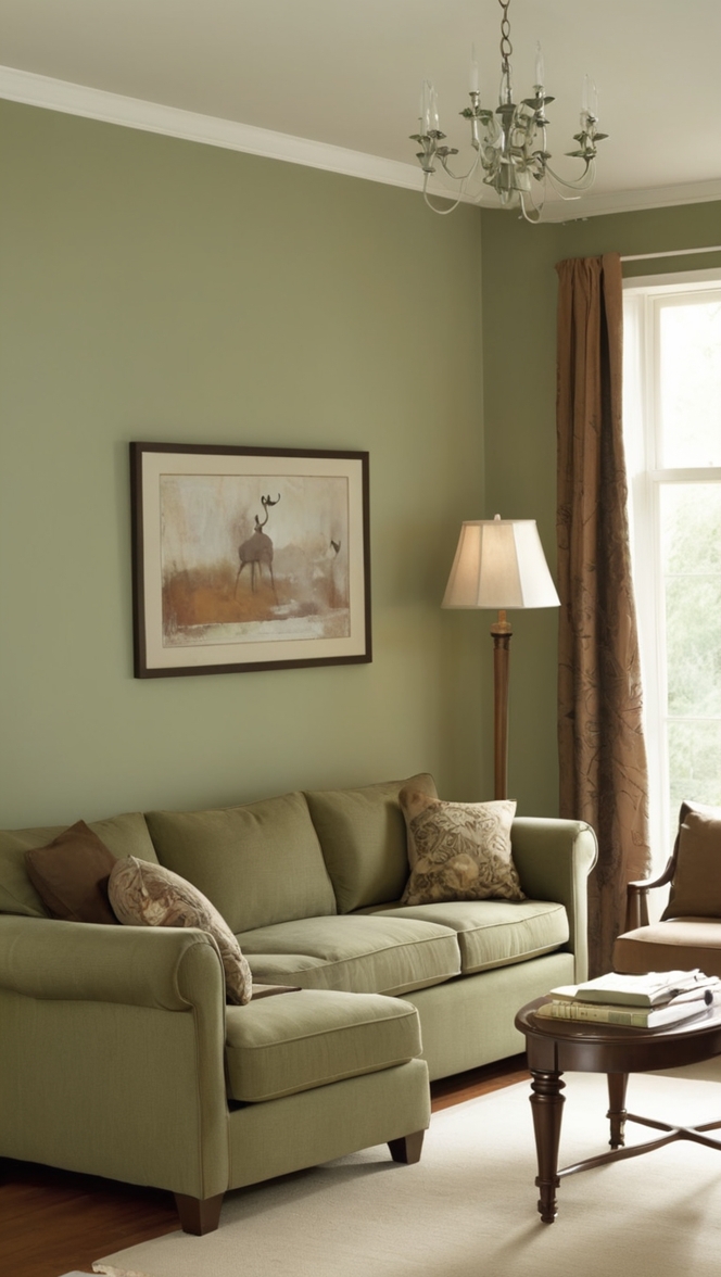 sage green sofa, brown sofa, green living room, sage living room, green couch