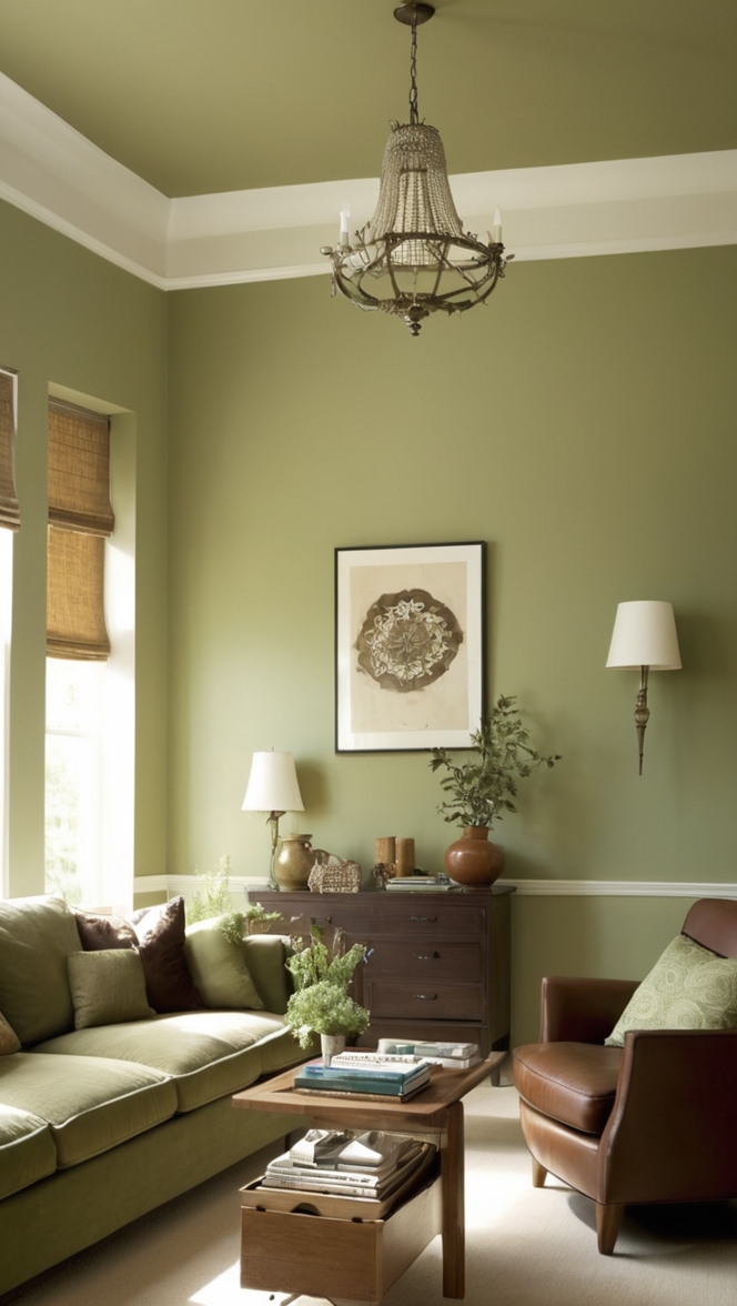 sage green living room decor, brown sofa design, interior design home, cozy living room ideas, modern home decor 