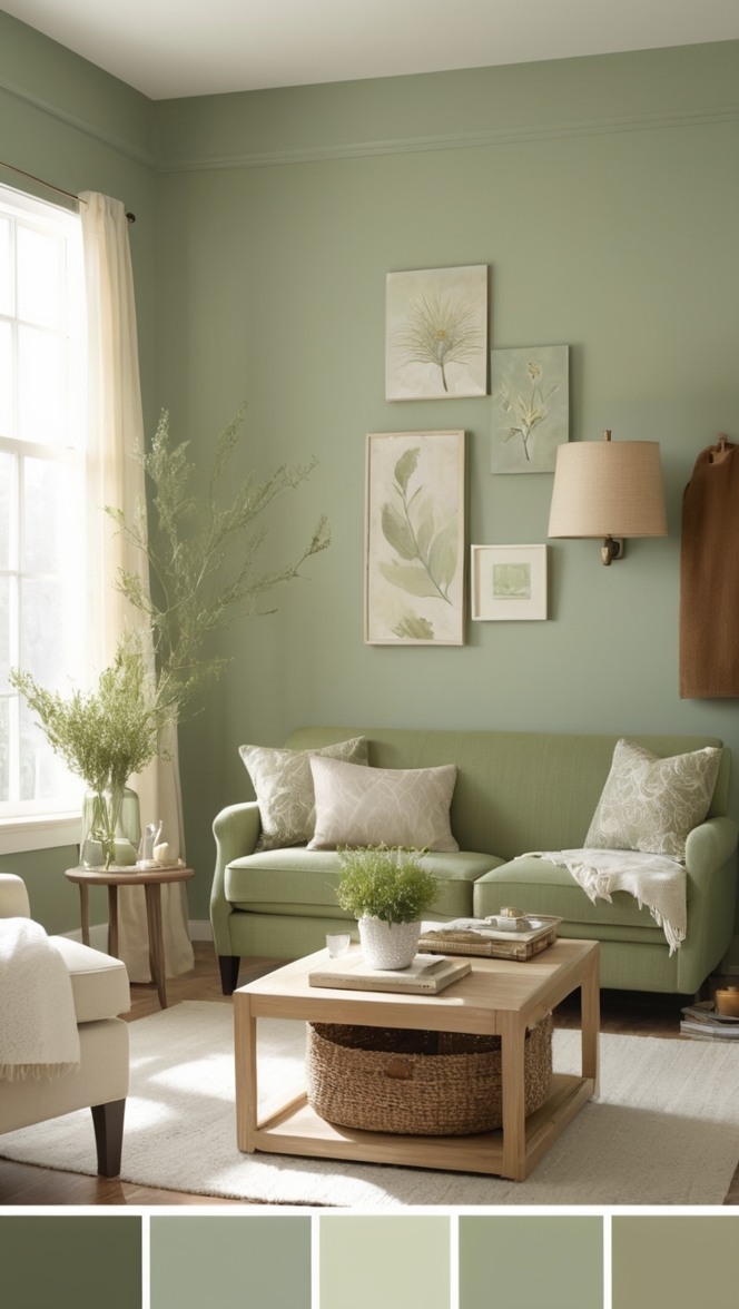 sage green sofa, sage green walls, sage green curtains, light green living room, green living room furniture