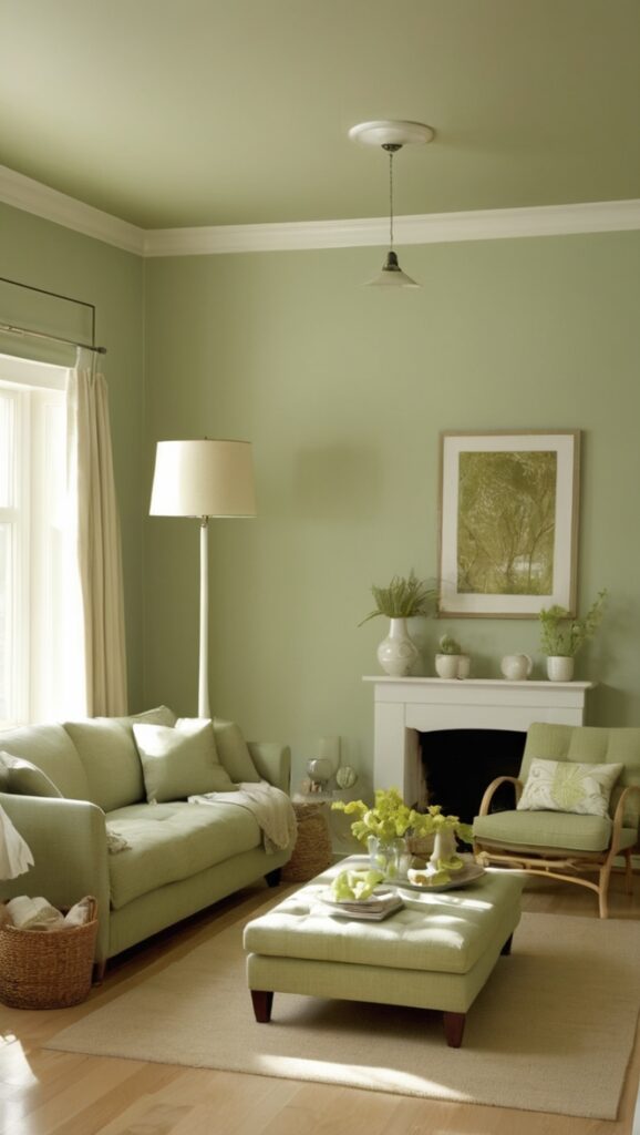 sage green sofa, sage green walls, sage green curtains, light green living room, green living room furniture