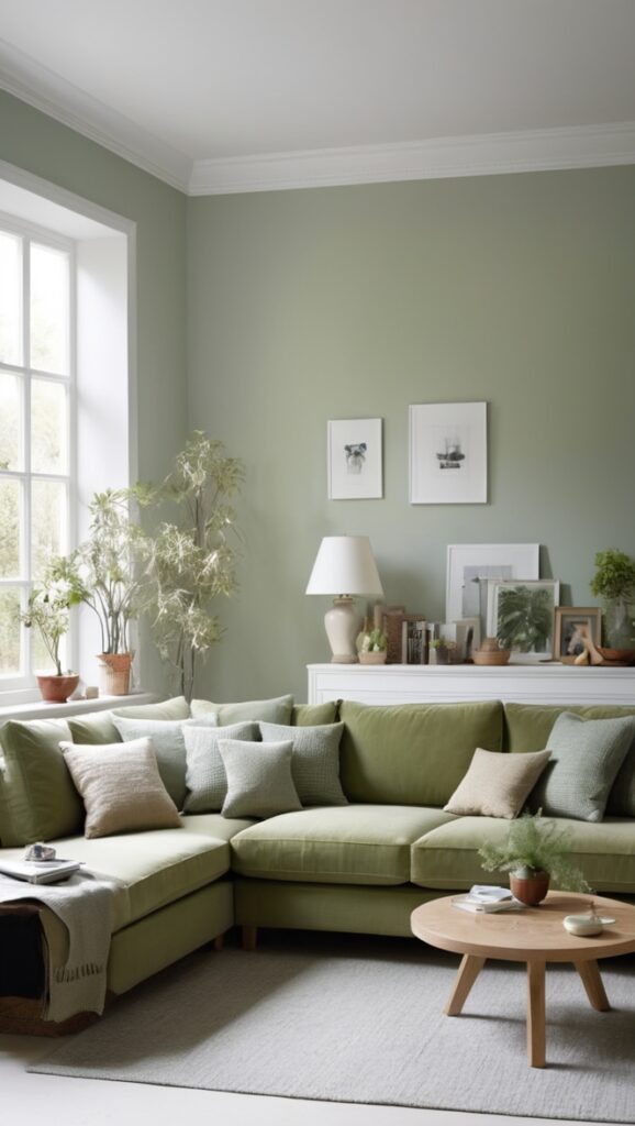sage green walls living room, grey sofa, sage green decor, living room color schemes, green and grey living room