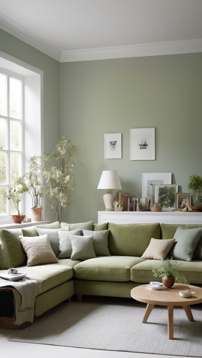 sage green walls living room, grey sofa, sage green decor, living room color schemes, green and grey living room 