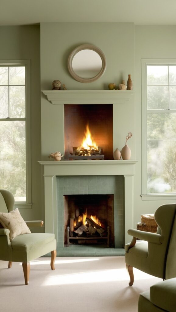 sage green wallpaper, sage green curtains, sage green sofa, sage green decor, sage green furniture