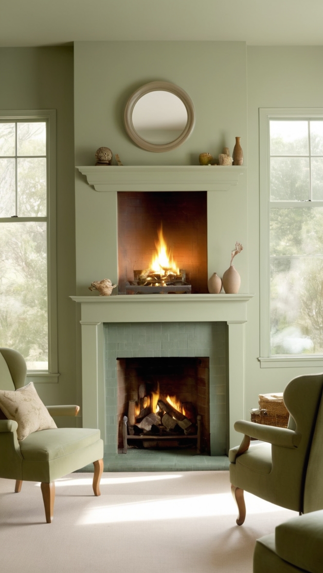 sage green wallpaper, sage green curtains, sage green sofa, sage green decor, sage green furniture 