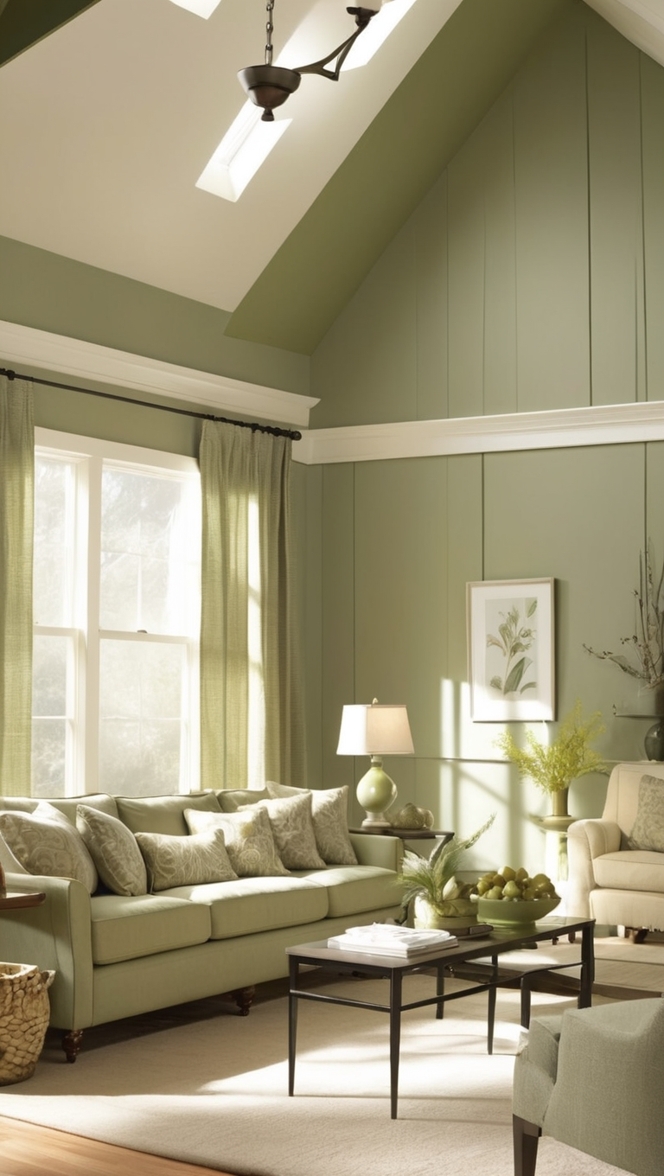 sage green walls, green paneling, living room design ideas, modern paneling, interior design trends