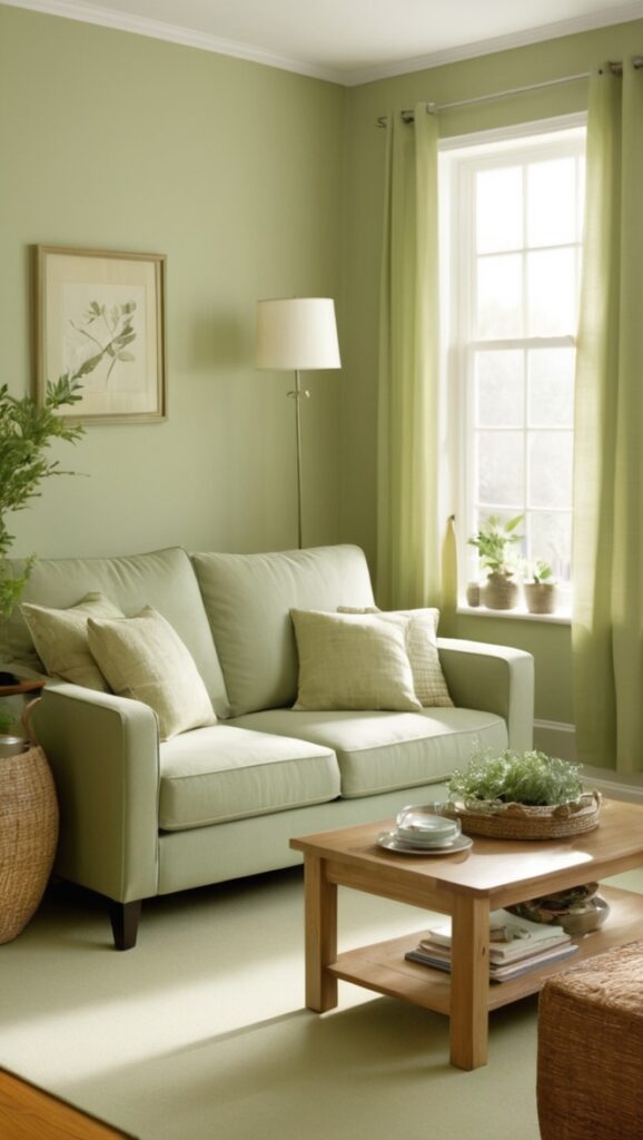 green living room decor, small living room design, sage green walls, cozy living room ideas, elegant living room design