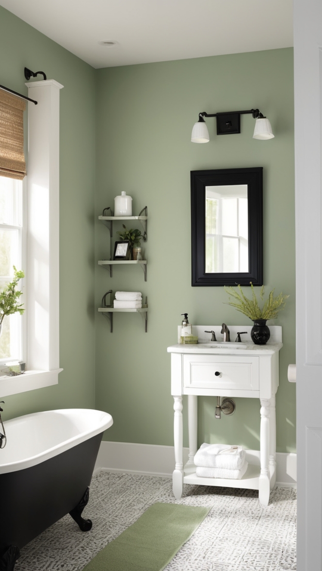 sage green paint, black and white bathroom decor, sage green bathroom accessories, sage green shower curtain, black and white bathroom ideas