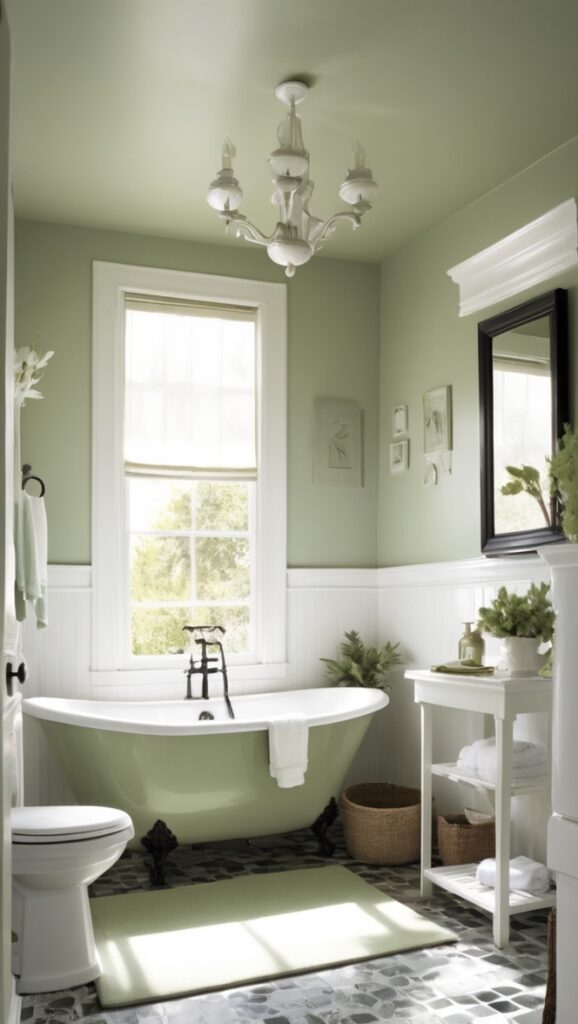 sage green paint, black and white bathroom decor, sage green bathroom accessories, sage green shower curtain, black and white bathroom ideas