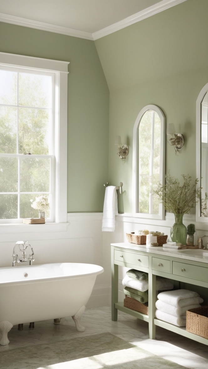white marble bathroom, sage green tiles, luxury bathroom finishes, elegant bathroom decor, designer bathroom renovation