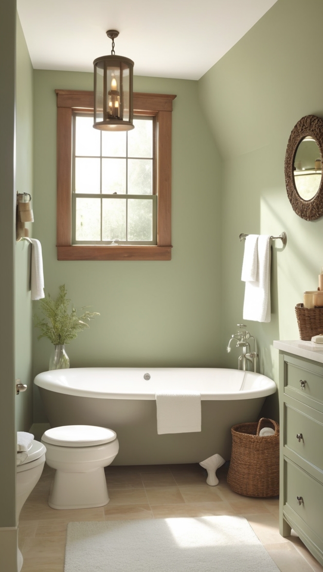 sage green vanity, wood bathroom decor, sage green towels, wooden bathroom shelves, sage green paint