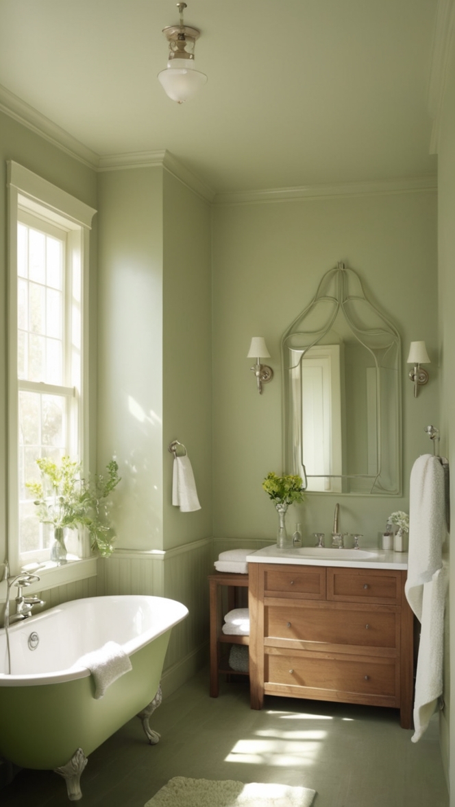 sage green vanity, wood bathroom decor, sage green towels, wooden bathroom shelves, sage green paint